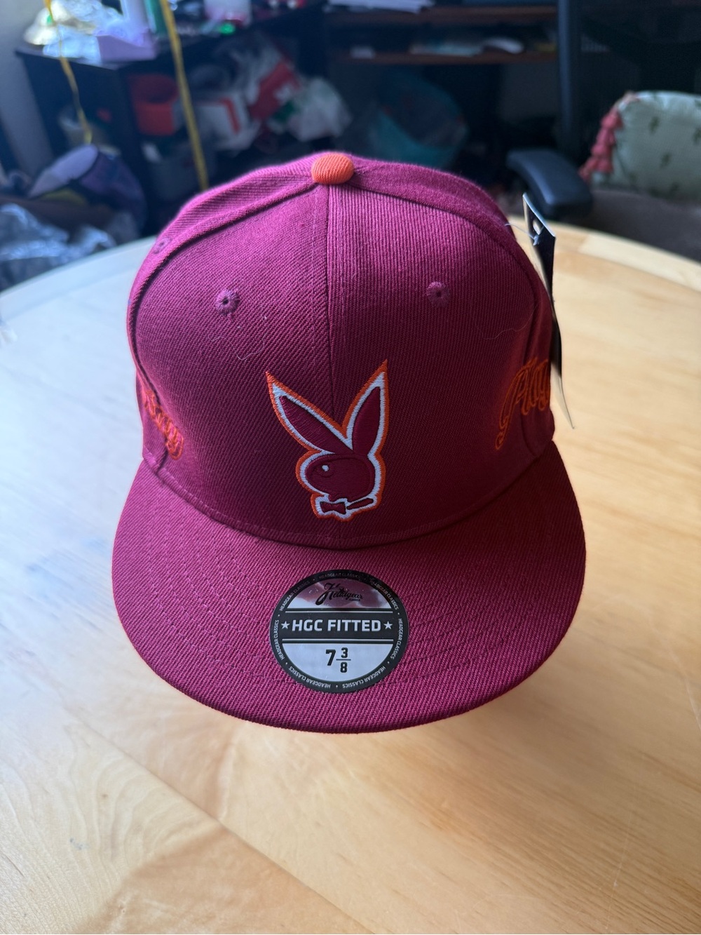 Playboy Bunny Fitted Hat Burgundy Orange 7 3/8 Embroidered Flat Brim Cap NWT